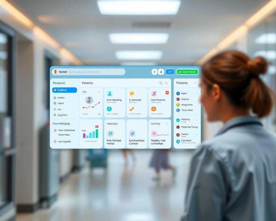 A modern and intuitive patient portal interface, featuring a clean and organized layout. The foreground showcases the portal's main dashboard, with easy access to personal health information, appointment scheduling, and secure messaging. The middle ground depicts various navigation menus and sub-sections, allowing patients to effortlessly manage their healthcare. The background gently blurs, creating a calming and professional atmosphere, reminiscent of a hospital's digital ecosystem. Soft lighting illuminates the screen, providing a welcoming and trustworthy ambiance. The overall design conveys a sense of empowerment, enabling patients to take an active role in their healthcare journey.