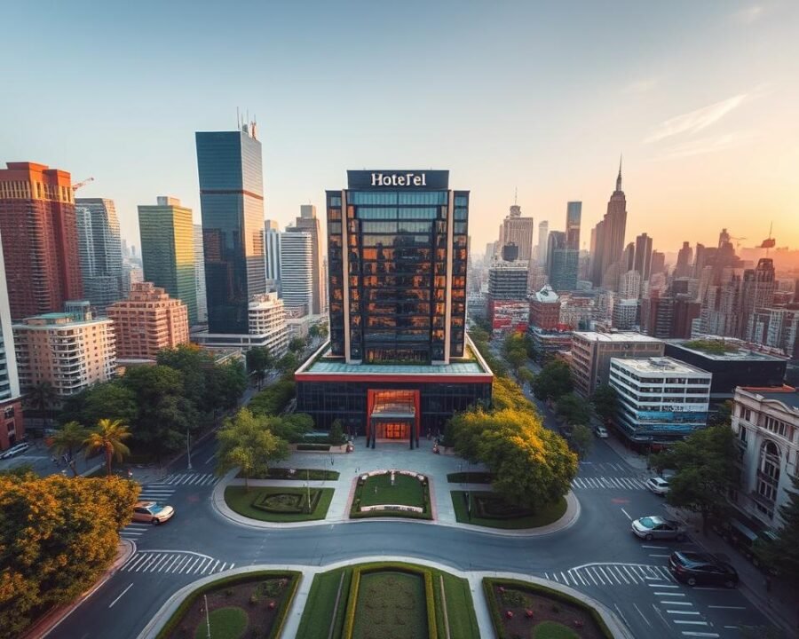 A modern hotel nestled amidst a bustling urban landscape, surrounded by towering skyscrapers and vibrant streets. In the foreground, a well-manicured driveway leads up to the hotel's grand entrance, its glass facade reflecting the city's energy. The middle ground showcases various points of interest, from lush green parks to renowned museums and entertainment venues, all within easy reach. The background reveals a skyline punctuated by iconic landmarks, bathed in the warm glow of the setting sun, creating a welcoming and accessible atmosphere for visitors.