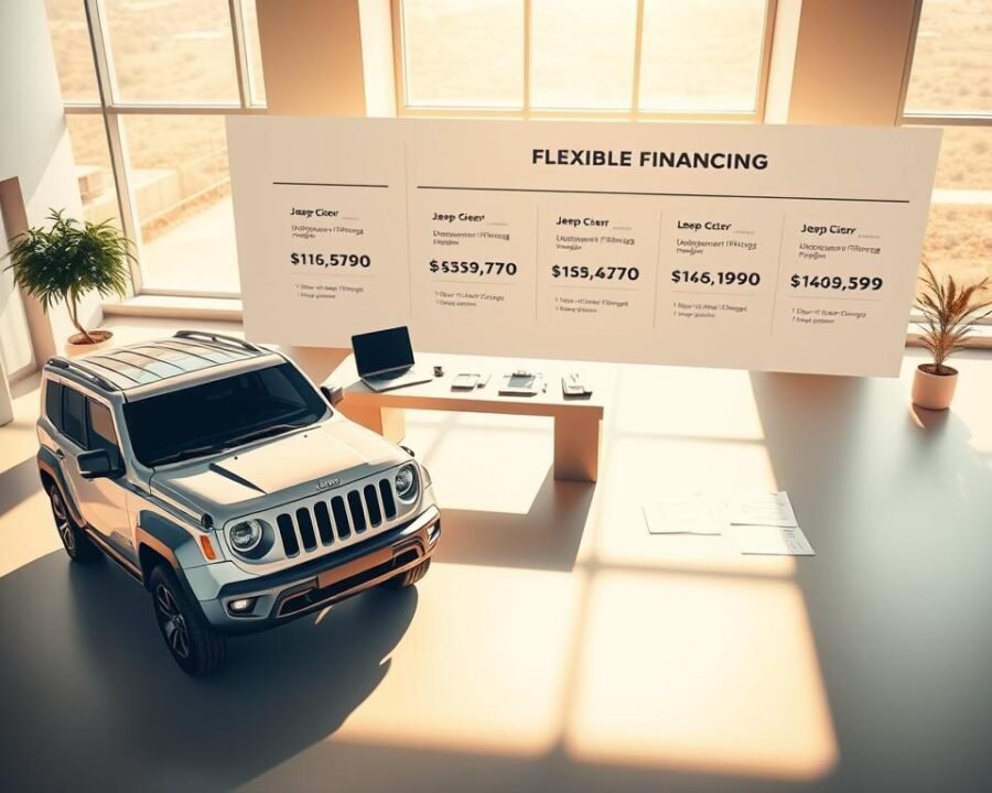 A modern, minimalist office setting with an eye-catching display showcasing different financing options for a Jeep. The foreground features a sleek, silver Jeep model positioned prominently, casting gentle shadows. In the middle ground, a minimalist desk with a laptop, tablet, and various financial documents convey the idea of flexible financing. The background depicts a warm, sunlit space with large windows, creating a calming, professional atmosphere. The lighting is soft and natural, highlighting the clean lines and modern aesthetic. The overall composition aims to convey a sense of convenience, accessibility, and a customer-centric approach to Jeep sales and service.