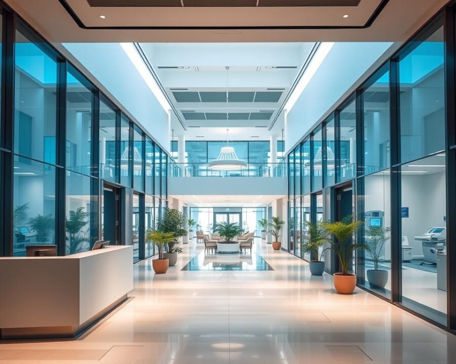 A modern, state-of-the-art medical facility with sleek, contemporary architecture. The entrance is flanked by glass walls, allowing natural light to flood the lobby. In the foreground, a reception desk with clean lines and a minimalist design. The middle ground features an open, airy atrium with potted plants and modern seating areas. The background showcases advanced medical equipment and technology-enabled treatment rooms, reflecting the cutting-edge healthcare available. The overall atmosphere conveys a sense of professionalism, efficiency, and a patient-centric approach to healthcare.