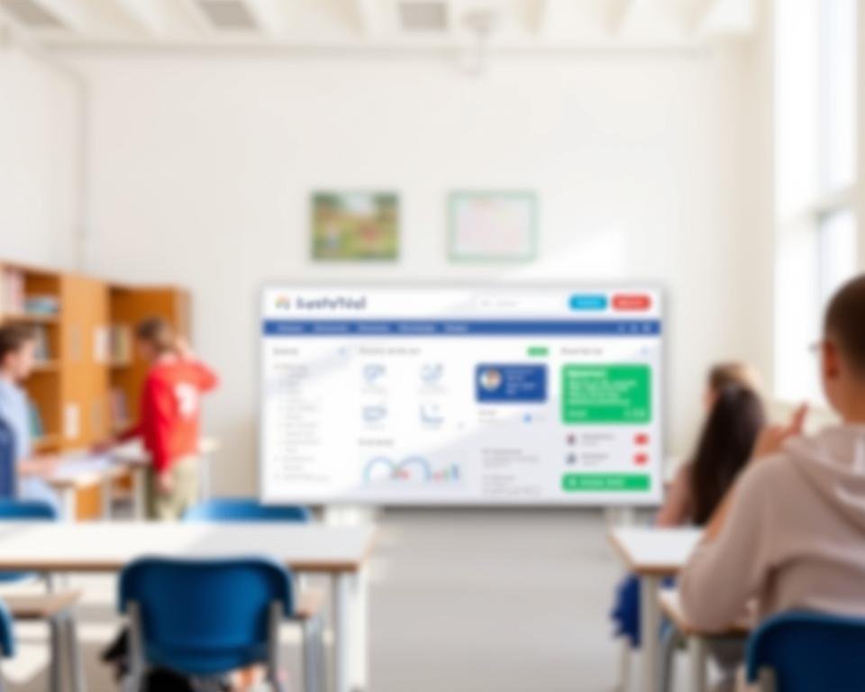 A modern, user-friendly parent portal interface with a clean, intuitive layout. In the foreground, icons and menu options for accessing student information, grades, schedules, and communication tools. In the middle ground, a dashboard displaying key metrics and updates. In the background, a soft, blurred image of a school campus or classroom, conveying a sense of the educational context. The lighting is bright and natural, with a calm, welcoming atmosphere. The overall impression is of a comprehensive, well-designed platform that empowers parents to stay connected and engaged with their child's education.