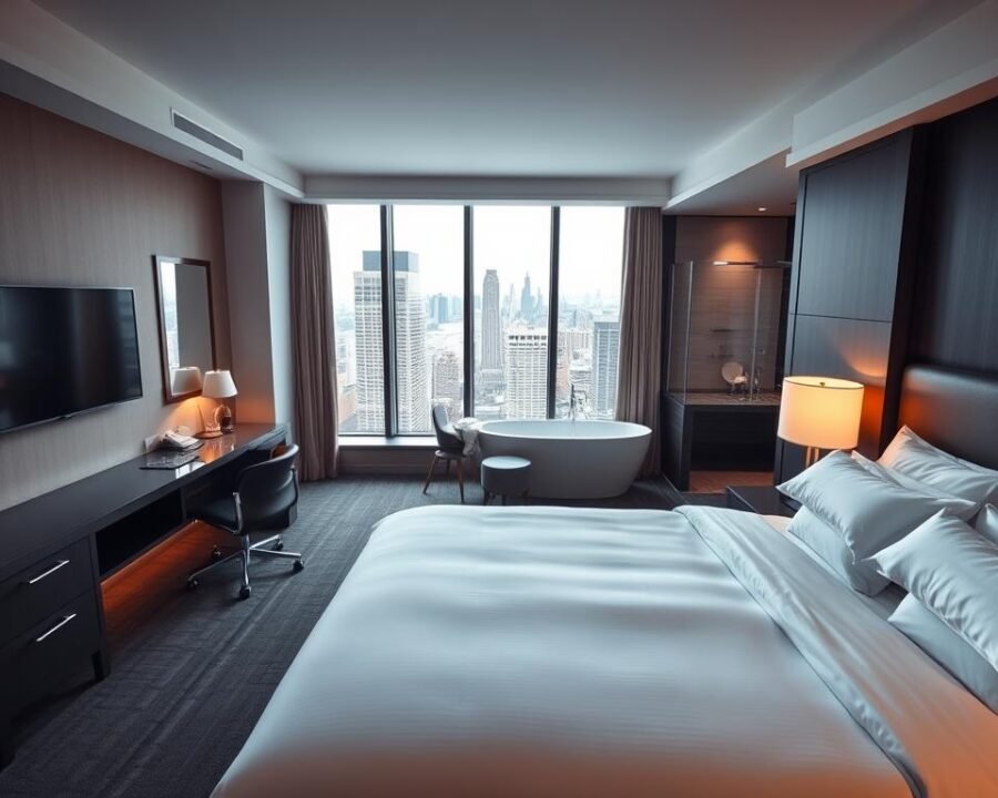 A modern, well-appointed hotel room with sleek, contemporary furnishings. In the foreground, a plush king-size bed adorned with crisp, white linens and an array of fluffy pillows. On the nightstands, elegant lamps cast a warm, ambient glow. In the middle ground, a spacious work desk with a comfortable leather chair, a wall-mounted flat-screen TV, and floor-to-ceiling windows offering panoramic views of the bustling city skyline. The background features a luxurious bathroom with a walk-in shower, a deep soaking tub, and high-end, modern fixtures. The overall atmosphere is one of comfort, convenience, and understated sophistication, creating the perfect environment for a memorable hotel stay.