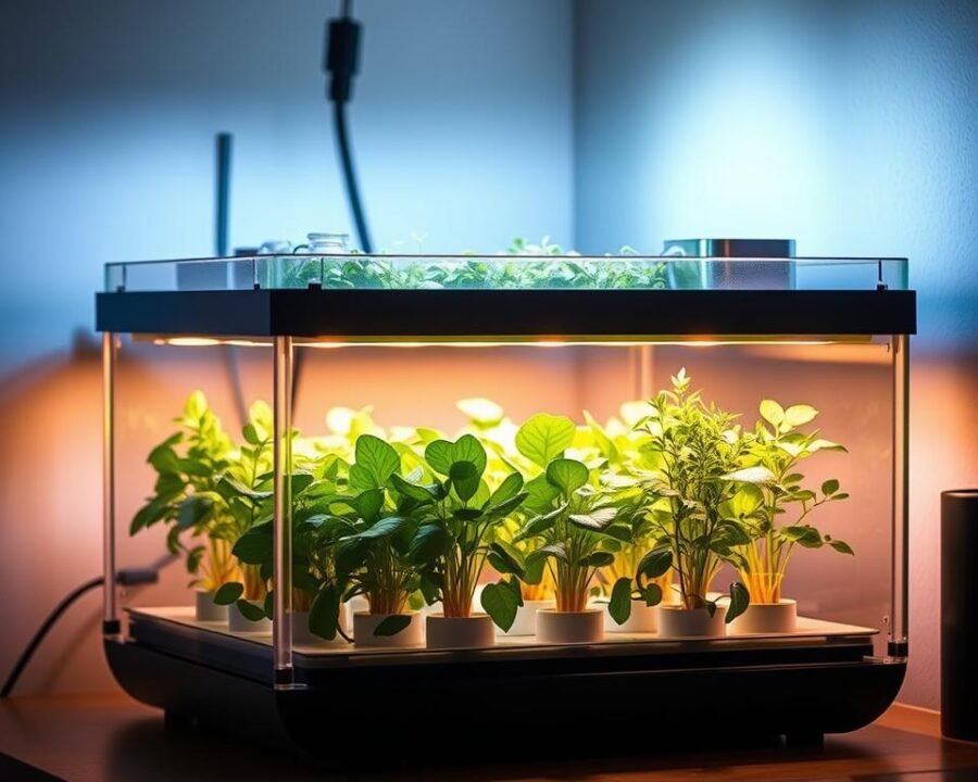 A modern, well-designed DIY hydroponic system with a sleek, minimalist aesthetic. The setup features a transparent plexiglass or glass enclosure, allowing a clear view of the thriving plants. The system utilizes a recirculating water pump, nutrient-rich solution, and LED grow lights that cast a warm, inviting glow. The plants, such as leafy greens and herbs, are arranged in a visually pleasing, symmetrical layout. The overall scene conveys a sense of efficiency, environmental sustainability, and the joy of cultivating fresh, homegrown produce in an urban kitchen or small space.