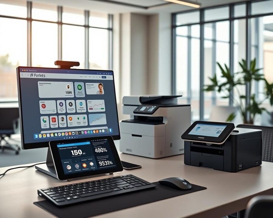 A modern, well-equipped digital banking workspace. In the foreground, a sleek, minimalist desktop computer with a large, high-resolution display showcasing various banking apps and online tools. On the desk, a compact, wireless keyboard and mouse, alongside a tablet device displaying account balances and transaction history. The middle ground features a state-of-the-art, multi-function printer/scanner. The background is a clean, contemporary office setting with large windows allowing natural light to flood the space, creating a bright, airy atmosphere. Soft, indirect lighting illuminates the scene, casting a warm, inviting glow. The overall impression is one of efficiency, convenience, and a seamless digital banking experience.