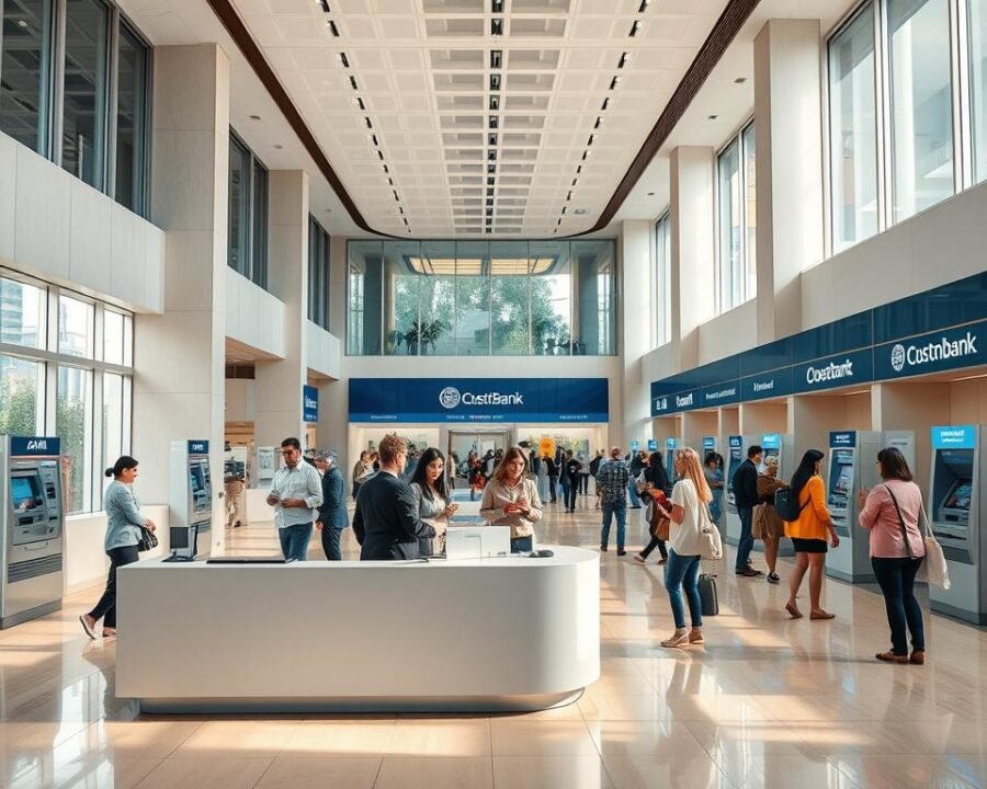 A modern, well-lit banking hall with high ceilings and large windows, conveying a sense of openness and professionalism. In the foreground, a sleek, minimalist reception desk with a friendly bank teller greeting customers. Behind the desk, various banking services are depicted, such as loan officers, financial advisors, and ATMs. The middle ground features customers engaged in transactions, with a mix of ages and ethnicities, reflecting the bank's diverse clientele. The background showcases the bank's range of offerings, including safe deposit boxes, wealth management services, and digital banking kiosks. The overall atmosphere is one of efficiency, trust, and community.