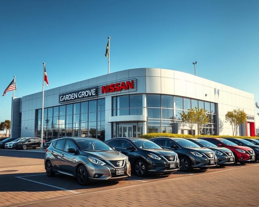 A modern, well-lit dealership building with a prominent "Garden Grove Nissan" sign and American flags flying overhead. The front facade features sleek, floor-to-ceiling windows and a curved, glass-and-steel entryway. A row of shiny new Nissan cars is displayed in the foreground, with a paved parking lot and lush green landscaping in the background. The scene is captured with a wide-angle lens, creating a sense of depth and scale. The lighting is bright and natural, casting clean shadows and highlighting the crisp, architectural details. The overall atmosphere conveys a professional, welcoming, and high-quality dealership experience.