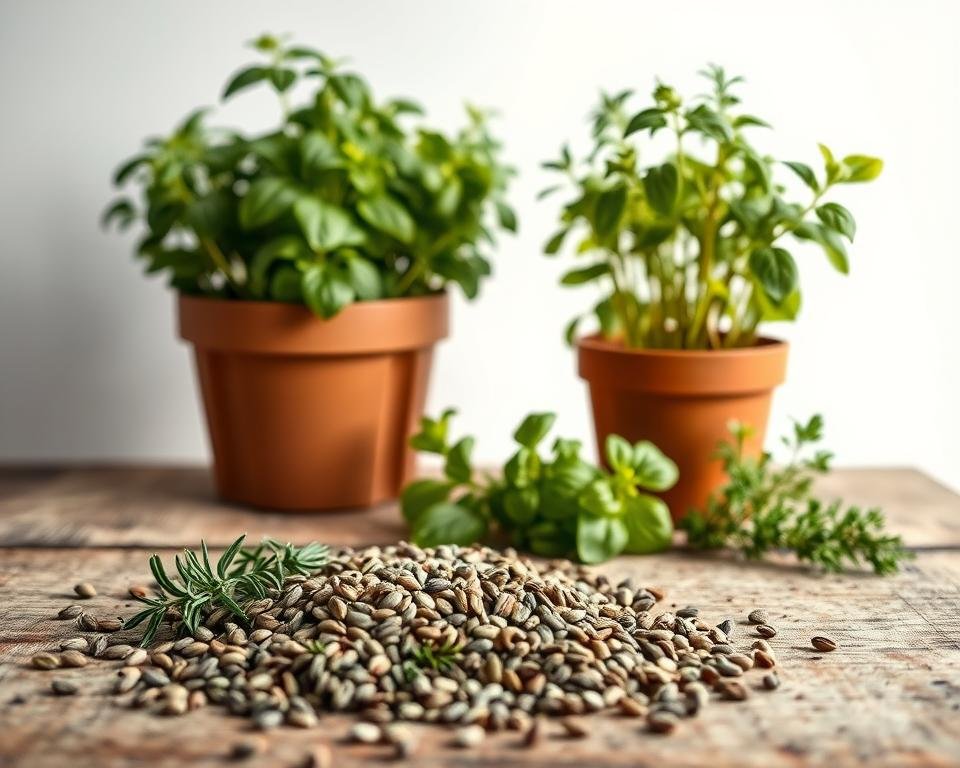 A neatly arranged composition showcasing the contrast between herb seeds and fully grown plants. In the foreground, a collection of various herb seeds - rosemary, thyme, basil, and oregano - scattered across a rustic wooden surface. In the middle ground, healthy, vibrant herb plants in terracotta pots, their lush foliage gently lit by soft, natural lighting. The background features a clean, white backdrop, creating a sense of focus and clarity. The overall mood is one of simplicity, highlighting the journey from seed to flourishing plant. Captured with a crisp, high-resolution lens to emphasize the intricate details of both the seeds and the mature herbs.