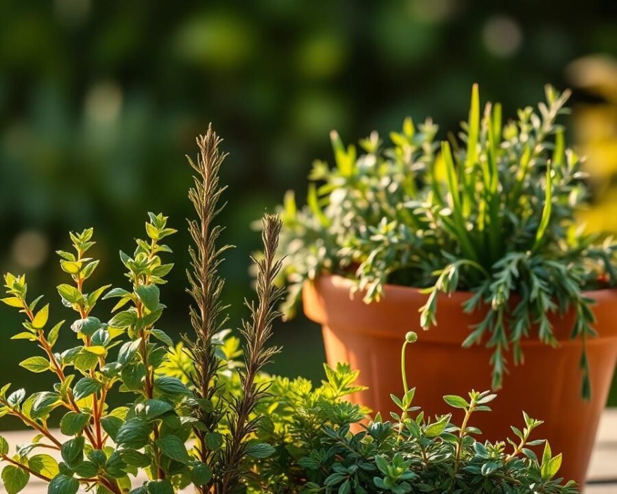 A neatly arranged composition showcasing various herbs in a well-lit, natural setting. In the foreground, vibrant sprigs of basil, thyme, and rosemary stand upright, their leaves glistening with morning dew. In the middle ground, a terracotta pot overflows with a lush, cascading display of oregano and chives. The background features a soft, blurred verdant garden, hinting at the ideal outdoor environment for these fragrant plants. Warm, golden sunlight filters through the scene, creating a serene, inviting atmosphere. The overall image conveys a sense of care, attention, and the nurturing of thriving herb plants.
