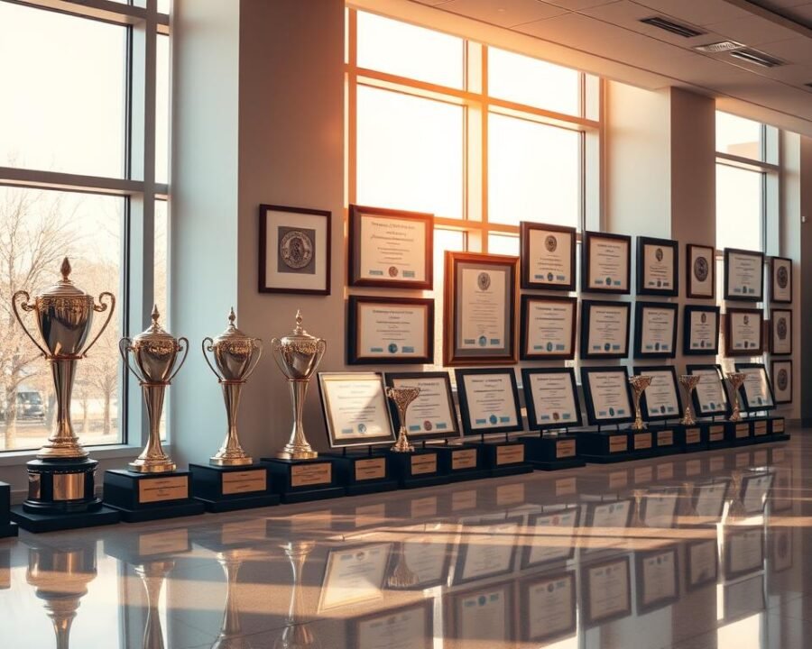 A neatly arranged display of prestigious awards and accreditations adorns the walls of the hospital lobby. Gleaming trophies and framed certificates catch the warm, soft light filtering through large windows, casting gentle shadows. The meticulously polished surfaces reflect the hospital's commitment to excellence, while the orderly layout conveys a sense of professionalism and organizational pride. The overall composition evokes a feeling of accomplishment, quality healthcare, and a dedication to continuous improvement.