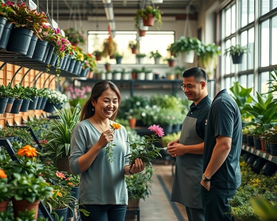 A neatly organized garden center with an orderly display of potted plants, hanging baskets, and meticulously labeled shelves. In the foreground, a smiling customer examines a vibrant flowering plant, while a helpful staff member stands nearby, ready to assist. Warm, diffused lighting filters through large windows, casting a soft glow over the scene. The backdrop showcases a well-curated selection of thriving greenery, with lush foliage and blooms in a harmonious color palette. The overall atmosphere conveys a sense of tranquility, expertise, and a passion for horticulture, inviting visitors to discover the unique plant collection of Lam's Garden.