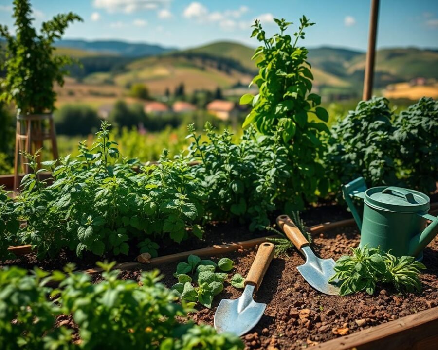 A neatly organized herb garden on a sunny afternoon, with lush, vibrant plants gently swaying in a soft breeze. In the foreground, a pair of hands tenderly pruning the herbs, showcasing the delicate care required. The middle ground reveals various gardening tools - shears, trowel, and watering can - artfully arranged. In the background, a picturesque landscape with rolling hills and a clear blue sky, creating a serene and tranquil atmosphere. The lighting is natural and warm, casting gentle shadows that accentuate the textures of the herbs. The composition is balanced and inviting, inspiring the viewer to step into the frame and experience the joy of herb gardening.