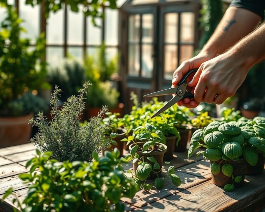 A neatly organized herb garden, sunlight filtering through the leaves. In the foreground, skilled hands delicately pruning aromatic thyme, rosemary, and basil plants, shears snipping away dead or overgrown foliage. The middle ground showcases a variety of potted herbs, their vibrant green hues casting shadows on the weathered wooden table. In the background, a rustic greenhouse or potting shed, its glass panes glowing warmly. The scene exudes a sense of tranquility and expertise, capturing the essence of "Pruning and Harvesting Like a Pro".