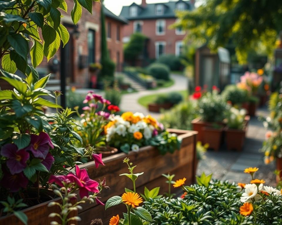 A perfectly curated Instagram post for "Garden Remedies" in Newton, MA. The foreground features an array of lush, vibrant herbs and botanicals, their leaves and petals gently illuminated by soft, natural lighting. In the middle ground, a rustic wooden planter box overflows with colorful flowers, hinting at the tranquil garden setting. The background showcases a picturesque New England townscape, with historic brick buildings and a glimpse of a winding path leading to a serene backyard oasis. The overall mood is one of peaceful, homegrown tranquility, inviting viewers to discover the natural remedies and gardening expertise offered by this local business.