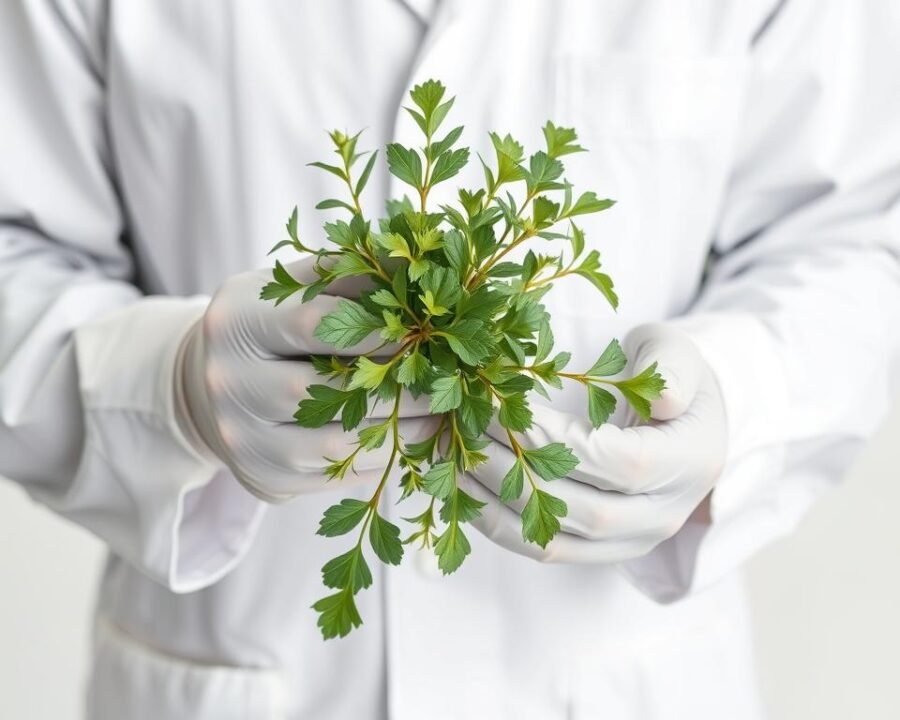 A person in a white lab coat and protective gloves carefully handling a sprig of rue plant against a plain white background. The rue leaves are rendered in vivid detail, with their distinct lobed shapes and bluish-green hue. The hands are gloved to avoid skin contact, emphasizing the need for caution when working with this potentially irritating herb. Soft, even lighting creates a clinical, informative atmosphere, focusing the viewer's attention on the proper handling technique.