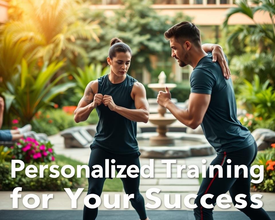 A personal training session in a serene garden oasis, with a skilled trainer guiding a determined client through a customized workout routine. The foreground depicts the trainer and client engaged in a dynamic exercise, their expressions focused and motivated. The middle ground showcases a beautifully landscaped garden, with lush greenery, vibrant flowers, and a soothing water feature. The background features a warm, natural lighting that casts a peaceful ambiance, creating an inviting and tranquil atmosphere. The overall scene conveys a sense of personalized attention, tailored guidance, and a harmonious fusion of fitness and nature, reflecting the "Personalized Training for Your Success" theme.