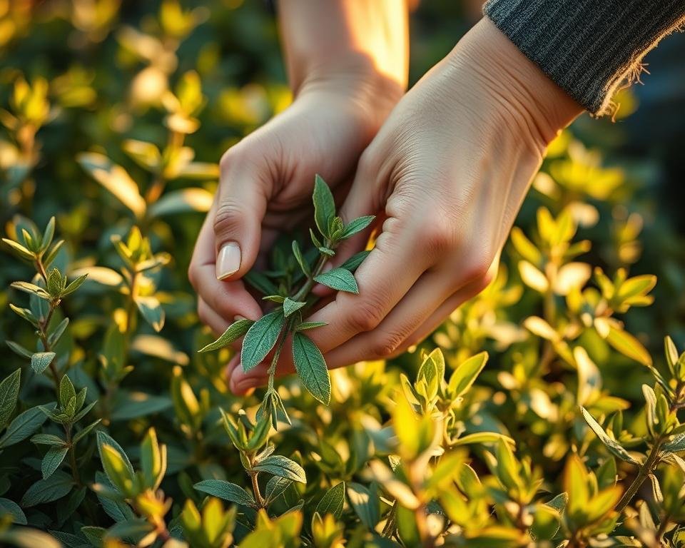 A person's hands carefully plucking fresh sage leaves from a lush, verdant garden. The leaves are vibrant green, their fuzzy texture and fragrant aroma captured in crisp detail. Warm, golden sunlight filters through the scene, casting a soft, natural glow. The background is blurred, putting the focus on the harvesting process - the methodical, mindful act of gathering these flavorful herbs. Composed to emphasize the simplicity and importance of this kitchen essential, the image conveys the essence of "How to Harvest Sage for Maximum Flavor".