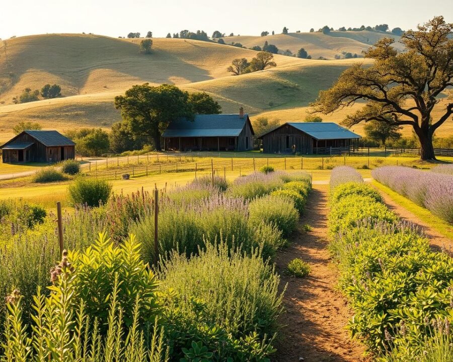 A picturesque herb farm nestled in the rolling hills of Fredericksburg, Texas. In the foreground, a well-tended garden bursting with vibrant, aromatic herbs - rosemary, thyme, lavender, and more. Meandering paths lead visitors through the lush greenery, inviting them to explore and discover the farm's bounty. In the middle ground, a rustic wooden farmhouse and barn stand as timeless sentinels, their weathered exteriors conveying the farm's long history. Beyond, the undulating landscape is dotted with oak trees, their branches casting dappled shadows across the scene. The entire setting is bathed in warm, golden sunlight, creating a serene, tranquil atmosphere that beckons visitors to slow down, breathe deeply, and immerse themselves in the calming rhythms of nature.