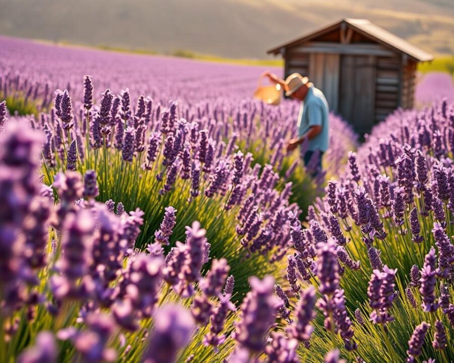 A picturesque lavender field bathed in the warm glow of the afternoon sun. In the foreground, clusters of fragrant purple blooms sway gently in a soft breeze, their petals casting delicate shadows on the lush, verdant foliage. The middle ground reveals a thoughtful farmer, basket in hand, carefully selecting the prime stems for harvest, their movements deliberate and practiced. In the distance, a rustic wooden shed stands as a testament to the tradition of lavender cultivation, its weathered facade complementing the serene, pastoral scene. The lighting is soft and diffused, creating an atmosphere of tranquility and timelessness, perfectly capturing the essence of the lavender harvest.