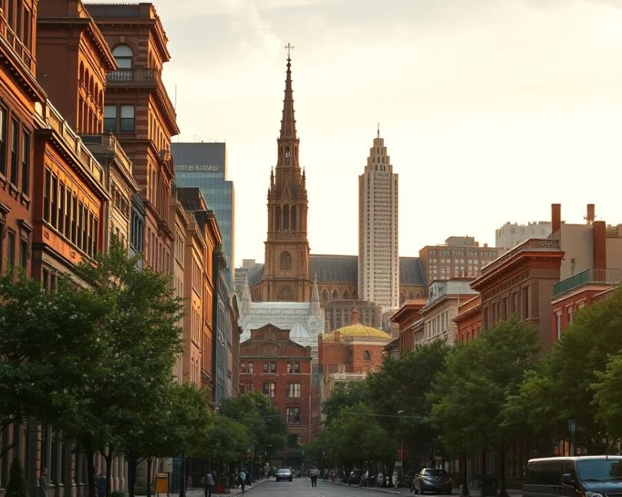 A picturesque urban landscape of Boston's Back Bay neighborhood, captured in a wide-angle, high-resolution lens. The foreground features a lively streetscape with brownstone buildings, tree-lined sidewalks, and people strolling leisurely. The middle ground showcases the iconic architecture of the area, including the grand Romanesque-style Trinity Church and the art deco-inspired John Hancock Tower. In the distance, the sky is bathed in a warm, golden glow, creating a serene and inviting atmosphere. The overall scene conveys a sense of timeless elegance and the vibrancy of a well-established, culturally rich urban center.