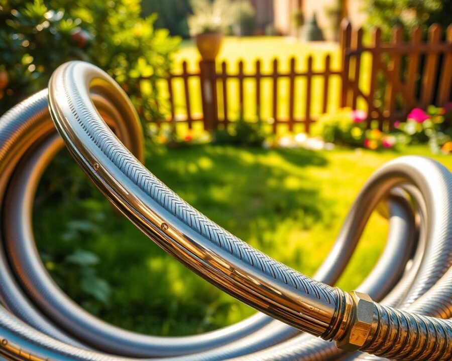 A polished, stainless steel garden hose coiled gracefully against a backdrop of lush greenery. The hose's surface reflects the warm sunlight, creating a shimmering, metallic texture. In the foreground, the hose's sturdy brass fittings and connections gleam, showcasing its durability and quality craftsmanship. The middle ground features a lush, well-manicured lawn, dotted with vibrant flowers and plants, creating a serene, natural setting. In the distance, a wooden fence frames the scene, adding a rustic, pastoral element. The lighting is soft and natural, casting gentle shadows and highlights that accentuate the hose's elegant form. The overall composition conveys a sense of high-quality, reliable outdoor equipment seamlessly integrated into a beautiful, tranquil garden landscape.