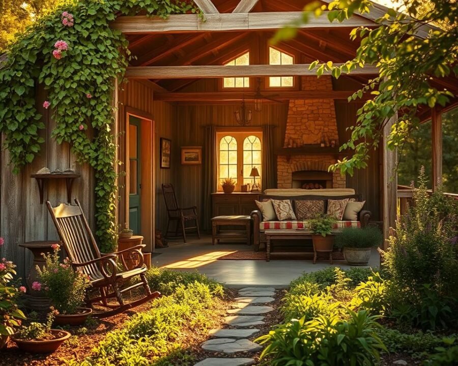 A quaint Hill Country cottage nestled in a lush herb garden, bathed in warm golden afternoon light. The weathered wood exterior is adorned with verdant vines and blooming flowers. An inviting porch with rustic rocking chairs overlooks a neatly tended herb patch, its fragrant aromas wafting through the air. Stepping inside, the interior is cozy and charming, with exposed beams, a stone fireplace, and plush furnishings. Natural light filters through leaded glass windows, casting a soft, dreamy glow. The overall impression is one of peaceful tranquility, a true home away from home in the heart of the Hill Country.
