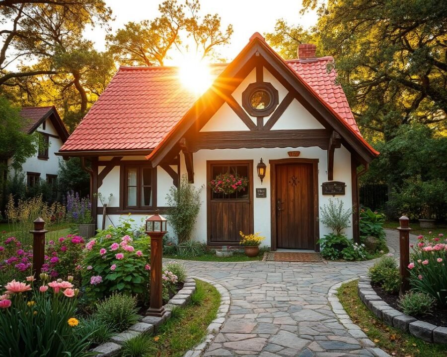 A quaint, historic German Sunday House cottage nestled in the rolling hills of Fredericksburg, Texas. The small, charming structure stands in a lush, verdant garden, surrounded by blooming herbs and flowers. Warm, golden sunlight filters through the timbered facade, casting a cozy glow over the scene. The cottage's steep, red-tiled roof and white-washed walls are accented by intricate wooden carvings, giving it an authentic, traditional feel. In the foreground, a cobblestone path leads visitors to the inviting wooden door, beckoning them to step inside and experience the enchanting atmosphere of this historic Sunday Haus.