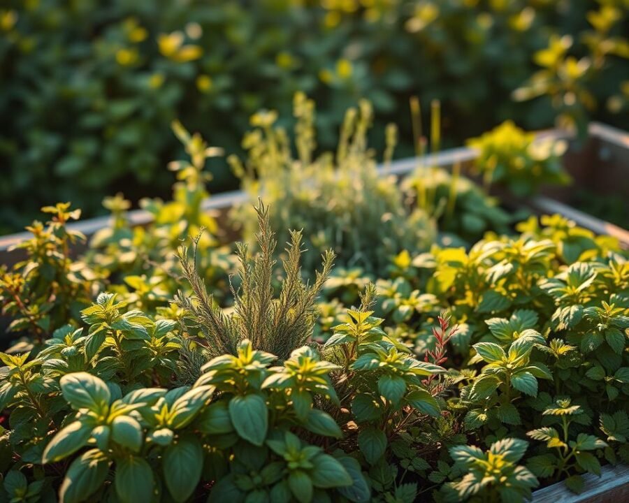 A raised herb garden filled with vibrant, lush plants. In the foreground, basil, rosemary, and thyme flourish together, their leaves gently swaying in a soft breeze. The middle ground showcases a variety of other herbs like oregano, chives, and parsley, arranged in a harmonious pattern. In the background, a backdrop of verdant foliage sets the scene, creating a serene, natural atmosphere. The lighting is warm and golden, casting a gentle glow over the entire garden. The composition is balanced, with a sense of depth and dimension, inviting the viewer to step into this thriving, companion-planted herb oasis.