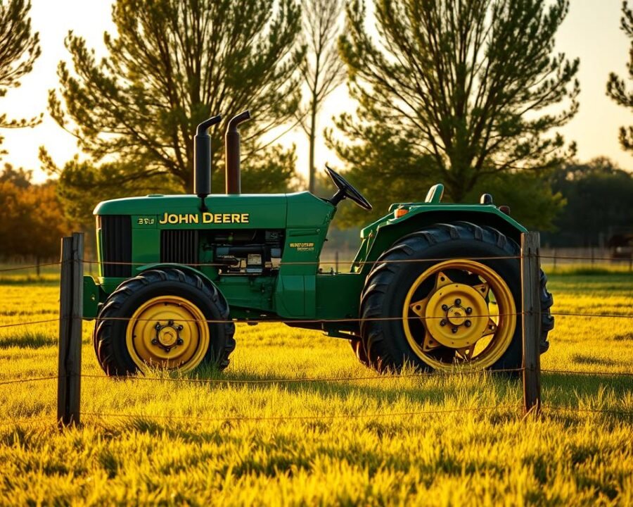 A rugged John Deere tractor sitting proudly in a lush, green field under a warm, golden afternoon sun. The iconic green and yellow paint gleams, its powerful engine and sturdy frame suggesting reliable performance on the farm. In the middle ground, a weathered wooden fence line stretches across the scene, framing the tractor in a pastoral setting. In the background, a line of tall, swaying trees creates a natural backdrop, adding depth and texture to the composition. The tractor is angled slightly to the side, capturing its muscular profile and the operator's seat, inviting the viewer to imagine themselves at the controls, ready to tackle the day's agricultural tasks.