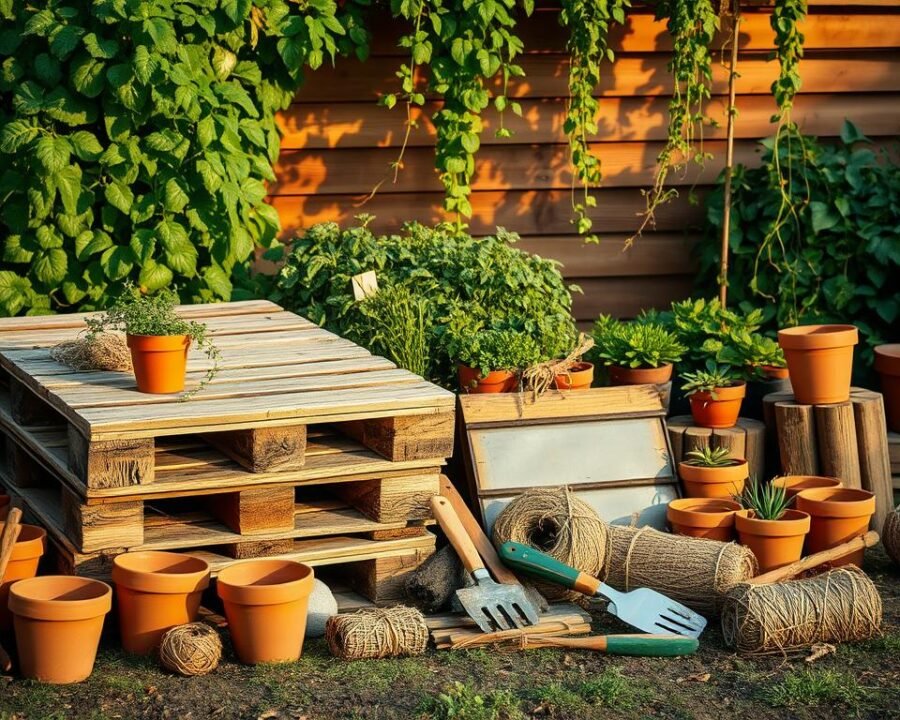 A rustic assortment of DIY pallet garden materials arranged in a natural setting. In the foreground, a stack of weathered wooden pallets, their worn surfaces and uneven edges adding a charming, handcrafted quality. Scattered around the pallets are terracotta pots, gardening tools, and bundles of twine, all casting warm, soft shadows under gentle, diffused lighting. In the middle ground, lush greenery frames the scene, with potted herbs and trailing vines hinting at the thriving, homegrown nature of the future garden. The background features a backdrop of earthy tones, perhaps a wooden fence or a brick wall, lending an organic, homely ambiance to the composition.