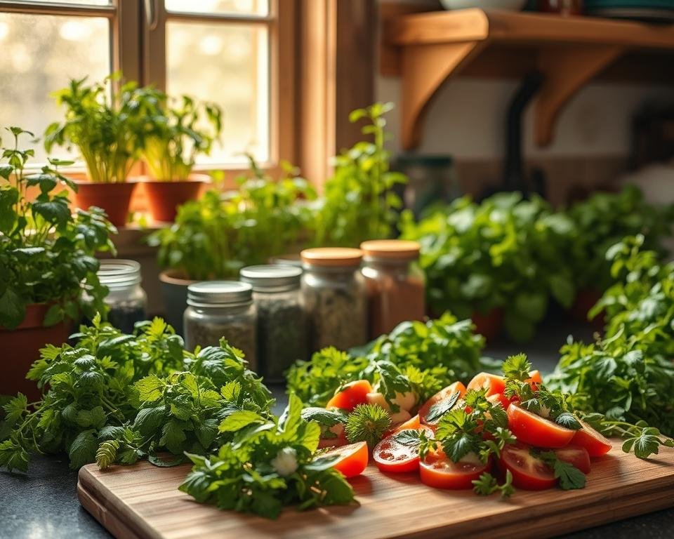 A rustic kitchen counter topped with a bounty of freshly harvested herbs, their vibrant green leaves and delicate flowers catching the warm, golden light filtering through a nearby window. In the foreground, a cutting board displays an array of herb-infused dishes, from fragrant pesto and zesty chimichurri to a colorful caprese salad. In the middle ground, jars of dried herbs and spices stand ready to season the homemade creations. The background features lush, well-tended herb planters, their verdant foliage a testament to the care and attention lavished upon this bountiful garden.