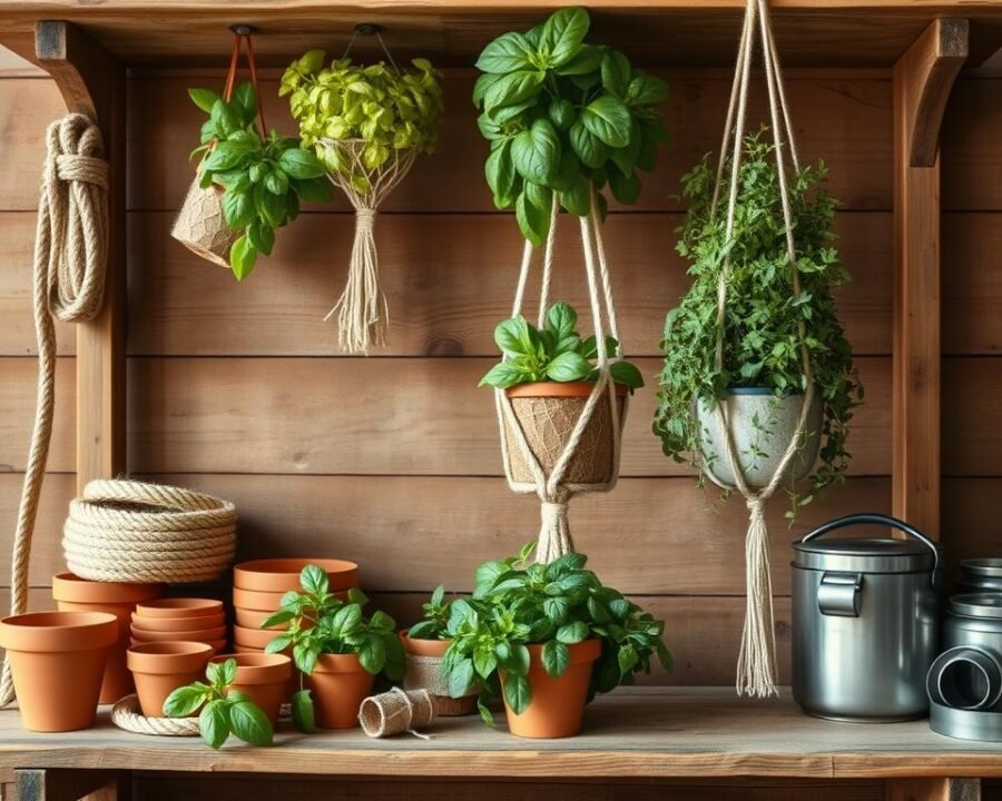 A rustic wooden shelf showcases an array of essential hanging herb garden materials. In the foreground, various terracotta pots, jute ropes, and metal plant hangers are arranged neatly. In the middle ground, lush, verdant herbs like basil, thyme, and rosemary cascade from macrame plant holders, their leaves gently swaying in the soft, natural lighting. The background features a weathered wooden wall, adding warmth and texture to the scene. The overall mood is one of simple, earthy elegance, inviting the viewer to imagine the beautiful, functional hanging herb garden they could create with these materials.