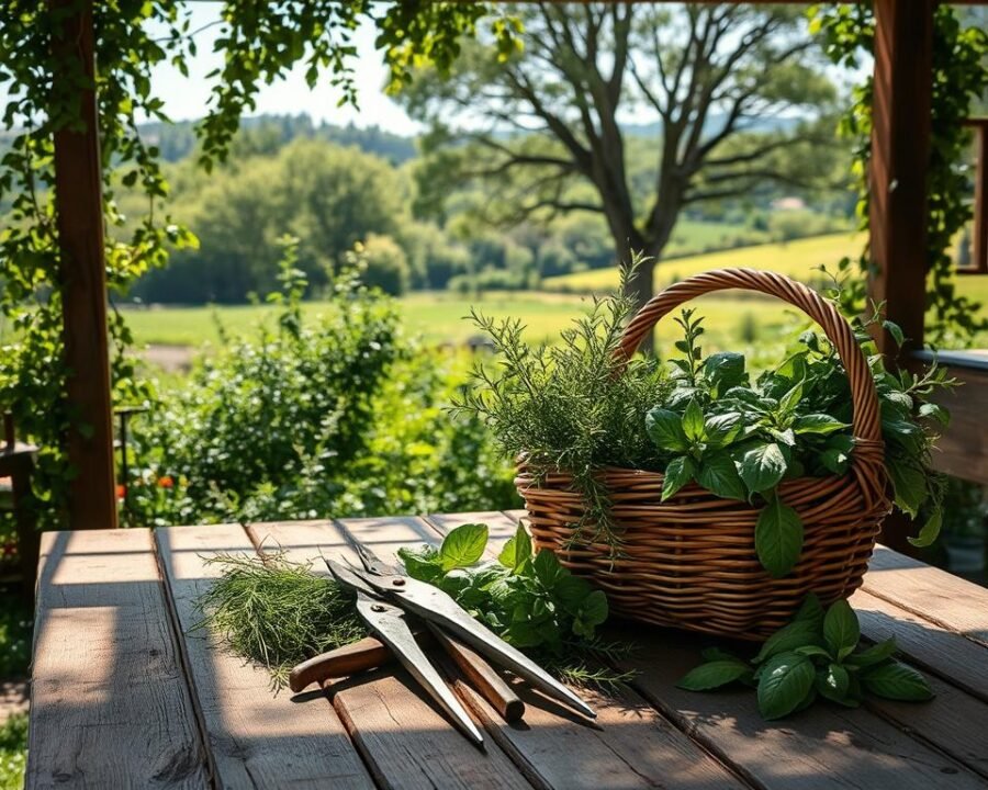 A rustic wooden table in a sun-dappled kitchen garden, overflowing with freshly harvested herbs. In the foreground, a wicker basket brimming with vibrant sprigs of fragrant rosemary, thyme, and basil, their delicate leaves glistening with morning dew. Meandering shadows cast by a trellis of climbing vines create a warm, natural ambiance. In the middle ground, a pair of weathered gardening shears rest beside a bundle of leafy greens, hinting at the care and attention given to this thriving herb patch. The background frames a lush, verdant landscape, where towering trees sway gently in a soft breeze, completing the idyllic, countryside setting.