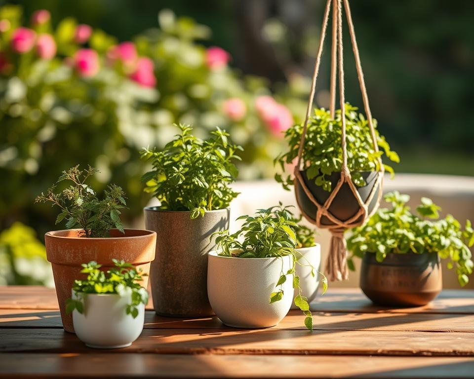 A selection of various herb planters arranged on a wooden table, with a soft natural lighting creating warm shadows. The planters include a rustic terracotta pot, a modern minimalist planter, and a hanging macrame-style pot. The background is a blurred, out-of-focus scene of a lush, green herb garden, hinting at the planter's intended use. The overall composition is balanced and visually appealing, showcasing the diverse options available for housing thriving herb plants.