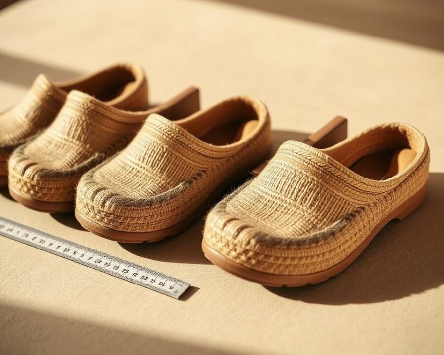 A sepia-toned, highly detailed close-up photograph of a set of recycled hemp garden clogs, showcasing their sizes and pricing. The clogs are arranged in a neat row, with a ruler or measuring tape visible to provide scale. The lighting is warm and natural, creating a vintage, artisanal aesthetic. The background is a plain, uncluttered surface, allowing the focus to remain on the subject. The image conveys the quality and craftsmanship of the sustainable French garden clogs, highlighting their practical and stylish appeal.