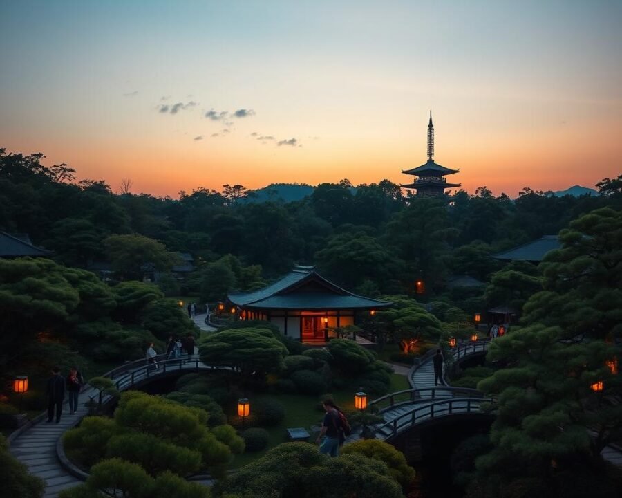 A serene Japanese tea garden at dusk, with lush greenery, stone bridges, and lanterns softly illuminating the scene. In the foreground, a group of people strolling along the winding paths, admiring the carefully curated landscape. In the middle ground, a traditional teahouse nestled among the foliage, its paper-paneled walls glowing warmly. In the background, a pagoda-style structure stands tall, framed by a cloudless sky transitioning from vibrant hues to a peaceful, dusky palette. The atmosphere is one of tranquility and contemplation, inviting visitors to immerse themselves in the beauty and traditions of this enchanting destination.