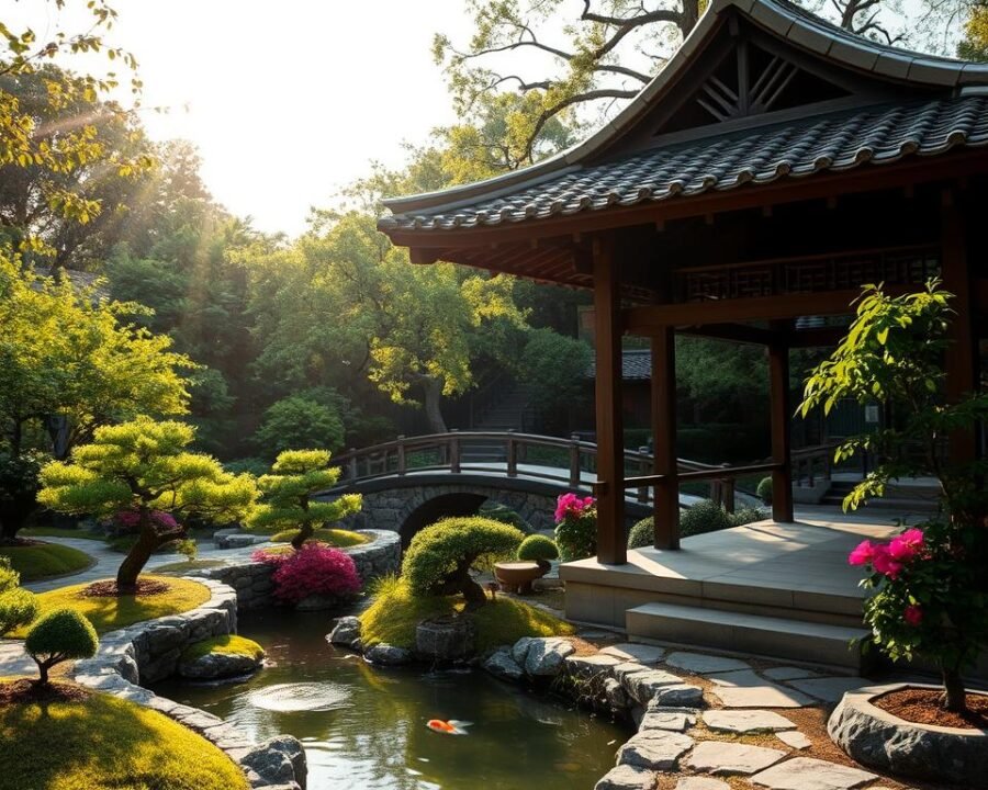 A serene Japanese tea garden in the heart of San Antonio, with lush green foliage, gently flowing streams, and ornate stone bridges. Sunlight filters through the canopy, casting a warm, golden glow over the scene. In the foreground, a traditional Japanese pavilion with a tiled roof and intricate wooden beams invites visitors to pause and savor the tranquility. Carefully manicured bonsai trees and vibrant azalea bushes line the winding pathways, leading the eye towards a picturesque pond filled with graceful koi fish. The overall atmosphere is one of peaceful contemplation, where the sights, sounds, and scents of the garden transport visitors to a serene oasis within the bustling city.
