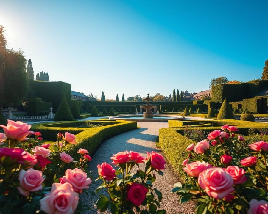 A serene and meticulously designed formal garden, with rows of vibrant rose bushes in the foreground, their blooms glistening under the warm afternoon sun. In the middle ground, a winding gravel path leads visitors through a lush, manicured landscape of neatly trimmed hedges and ornamental trees. The background features a classical stone fountain, its gentle cascading waters reflecting the azure sky above. The garden is bathed in a soft, diffused lighting, creating an atmosphere of tranquility and harmony. A wide-angle lens captures the scene, showcasing the overall layout and symmetry of this beautifully curated outdoor space.