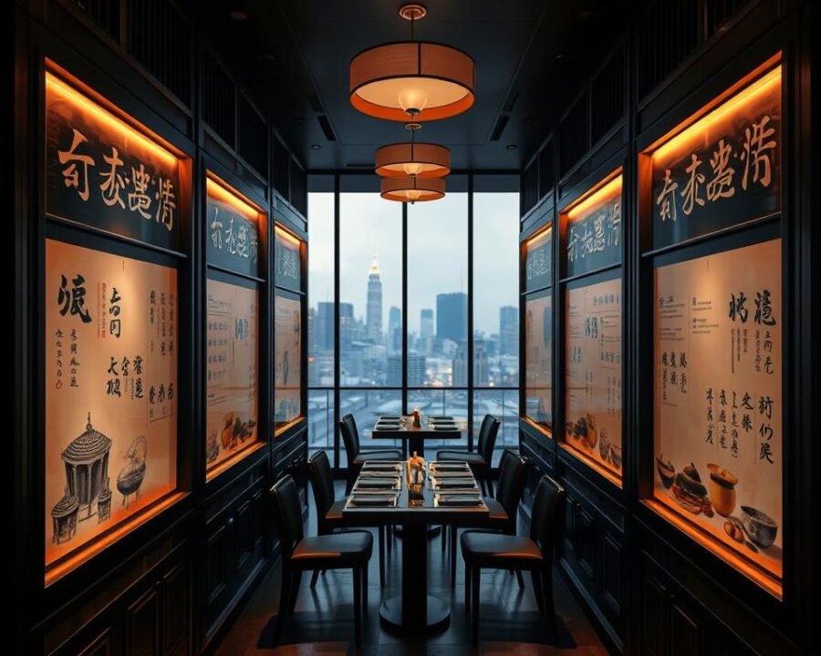 A serene and sophisticated restaurant menu gallery, showcasing a range of exquisite Chinese cuisine. The menus are displayed on dark wooden panels, each with a unique illustration or calligraphy, illuminated by warm, soft lighting. The panels are arranged in a visually striking, symmetrical composition, creating a sense of elegant harmony. In the background, a subtle, blurred cityscape can be seen through large windows, hinting at the restaurant's urban setting. The overall atmosphere is one of refined tranquility, inviting diners to explore the culinary delights within.