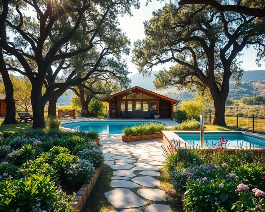 A serene and tranquil herb garden spa nestled in the lush Hill Country landscape. In the foreground, a sun-dappled stone path leads to a soothing outdoor spa pool, surrounded by rows of vibrant, fragrant herbs. Towering shade trees and blooming flowers create a peaceful, restorative atmosphere. The middle ground features a charming wooden spa building with large windows, allowing natural light to flood the interior. In the background, rolling hills and a hazy blue sky set the scene for a truly rejuvenating experience. Warm, soft lighting casts a gentle glow, and the composition is framed by a natural, rustic aesthetic.