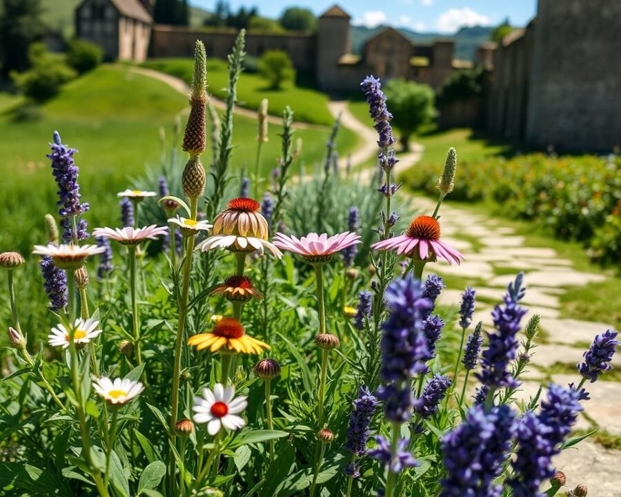 A serene close-up view of an assortment of medicinal herbs growing in a lush, well-tended monastery garden. In the foreground, delicate leaves and vibrant flowers of chamomile, lavender, and echinacea sway gently in the soft natural light. In the middle ground, sturdy stalks of rosemary, thyme, and sage stand tall, their verdant foliage casting subtle shadows. The background features a tranquil stone path winding through a verdant landscape, with ancient monastery walls and a clear blue sky visible in the distance. The overall scene conveys a sense of harmony, reverence, and the natural healing power of these sacred plants.
