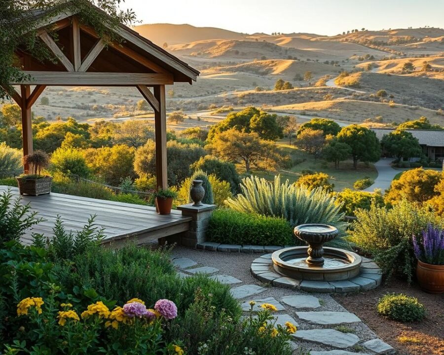 A serene herb garden nestled in the rolling hills of Fredericksburg, Texas. In the foreground, a tranquil spa pavilion with a stone fountain and fragrant potted herbs. Lush vegetation surrounds the structure, with native flowers and bushes in the middle ground. In the background, undulating hills dotted with groves of oak trees and winding trails, bathed in the warm glow of golden hour sunlight. The scene exudes a sense of pastoral calm and rejuvenation, inviting visitors to immerse themselves in the restorative power of nature.