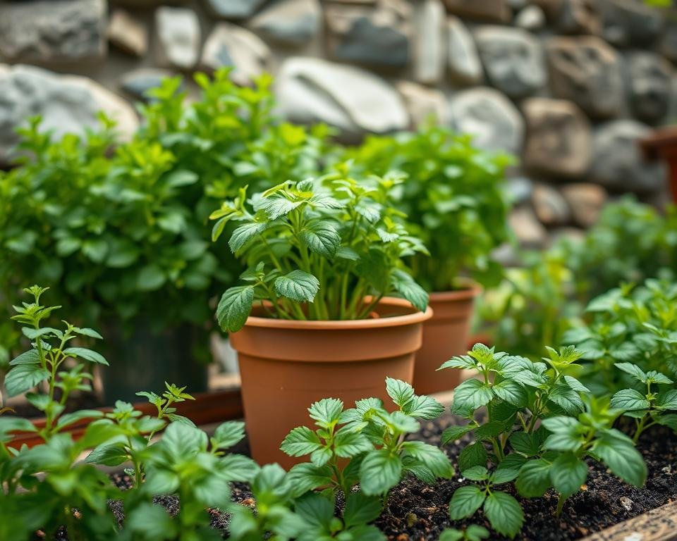 A serene herb garden with lush, vibrant plants taking center stage. In the foreground, a potted herb displays signs of over-watering - leaves wilting, soil saturated. Behind it, healthy herbs thrive, their verdant foliage contrasting against a soft, diffused light. The background features a tranquil stone wall, adding depth and a sense of pastoral calm. The scene is captured with a wide-angle lens, inviting the viewer to immerse themselves in the delicate balance of proper herb care. The overall mood is one of educational guidance, encouraging the viewer to learn from this visual lesson on avoiding over-watering.