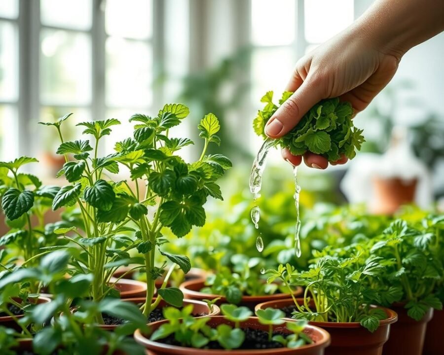 A serene indoor garden scene, showcasing the proper technique for watering live herb plants. In the foreground, a hand gently waters a vibrant, lush potted herb, with water gently cascading down the soil. The middle ground features a variety of healthy, thriving herb plants of different varieties, their leaves glistening with moisture. The background depicts a well-lit, cozy room with natural light filtering in through large windows, creating a warm, nurturing atmosphere. The composition is balanced, with a focus on the delicate act of watering, conveying a sense of care and attention required for successful herb cultivation.
