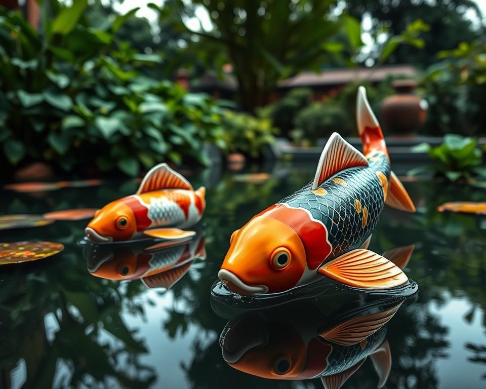 A serene koi pond with a pair of exquisitely detailed ceramic koi fish, their vibrant colors and intricate patterns gleaming in the soft, diffused lighting. The koi gently swim against a backdrop of lush, verdant foliage and a tranquil, mirror-like surface, creating a harmonious and contemplative scene. The camera captures this scene from a low angle, emphasizing the graceful movements of the fish and the sense of depth and immersion in the natural setting. The overall mood is one of tranquility, balance, and the harmonious integration of natural and ceramic elements in an elegant garden landscape.