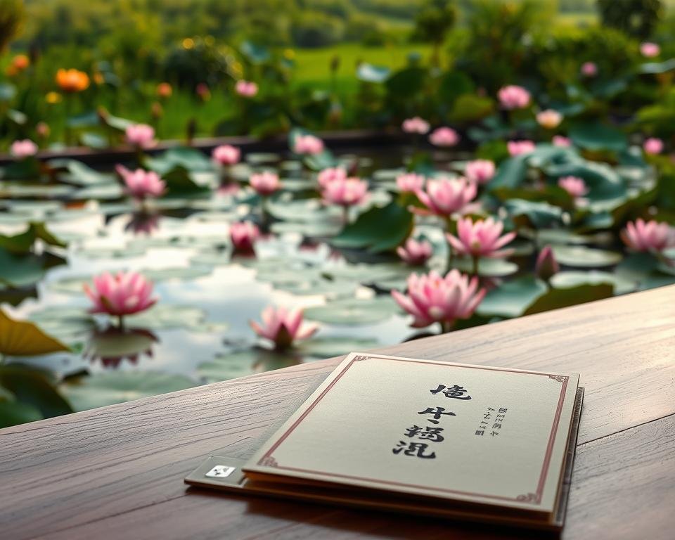 A serene lotus garden, its tranquil pond reflecting the vibrant pink and white petals of the floating flowers. In the foreground, a delicate menu of traditional Asian cuisine sits upon a smooth wooden table, its calligraphic script inviting guests to indulge in the culinary delights of this hidden gem. The middle ground is infused with the warm, golden glow of soft lighting, casting a cozy ambiance over the scene. In the background, a lush, verdant landscape frames the serene setting, suggesting the peaceful harmony of this extraordinary establishment.