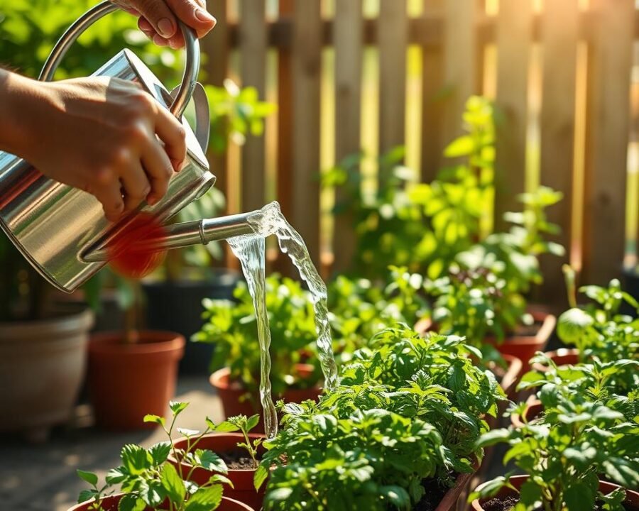 A serene, sun-dappled garden setting with a person tenderly watering a variety of potted herbs. In the foreground, hands delicately guide a watering can, allowing a gentle stream of water to cascade over the lush, vibrant foliage. The middle ground features a selection of thriving herb plants, their leaves glistening with moisture. In the background, a wooden fence frames the scene, creating a sense of tranquility. Soft, diffused lighting casts a warm, inviting glow, capturing the gentle rhythm of the watering process. The overall mood is one of care, nurturing, and the joy of tending to a thriving herb garden.