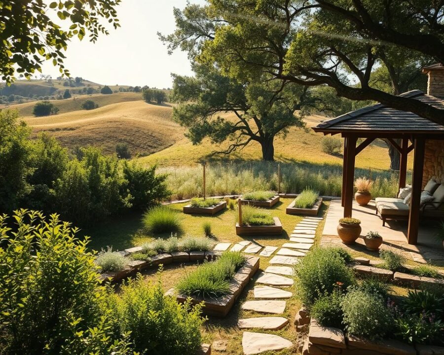 A serene, sun-dappled herb garden nestled in the rolling hills of the Texas Hill Country. In the foreground, a tranquil spa pavilion with natural stone walls and a thatched roof, surrounded by lush, fragrant greenery. Sunlight filters through the foliage, casting a warm, golden glow over the scene. In the middle ground, meandering stone pathways lead visitors through meticulously tended raised garden beds brimming with a variety of aromatic herbs. In the background, gentle undulating hills covered in native wildflowers and mature oak trees provide a picturesque pastoral backdrop. An atmosphere of relaxation and rejuvenation pervades the space, inviting guests to unwind and immerse themselves in the restorative power of nature.