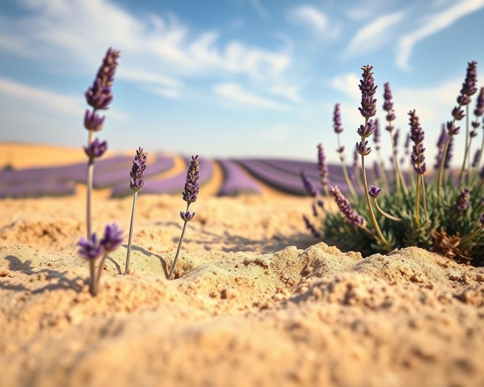 A serene, sun-dappled landscape showcasing the ideal soil conditions for thriving lavender. In the foreground, a close-up view of the rich, well-drained soil, its surface blanketed in a soft, calming hue of lavender. Delicate lavender sprigs emerge from the earth, their slender stems and fragrant buds casting gentle shadows. The middle ground reveals a lush, rolling field, the lavender plants swaying gracefully in a gentle breeze. In the background, a hazy, azure sky with wispy clouds, creating a sense of tranquility and natural harmony. The lighting is warm and diffused, accentuating the vibrant purple tones and highlighting the soil's sandy, loamy texture. This scene captures the essence of the ideal lavender growing environment, inspiring the viewer to cultivate their own thriving lavender garden.