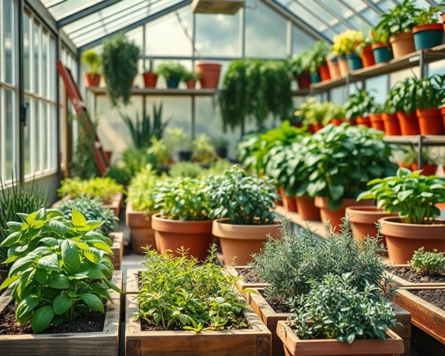 A serene, well-lit greenhouse filled with a variety of thriving herb planters. In the foreground, a selection of small, rustic wooden planters brimming with lush, vibrant herbs like basil, thyme, and rosemary. The middle ground showcases larger, terra cotta planters housing more mature, bushy herb plants. The background features sun-dappled shelves lined with an assortment of potted herbs, their leaves gently swaying in the soft breeze. Warm, natural lighting filters through the greenhouse's glass walls, casting a cozy, inviting glow over the scene. The overall atmosphere is one of tranquility and the joy of nurturing a flourishing indoor herb garden, perfect for beginner gardeners.