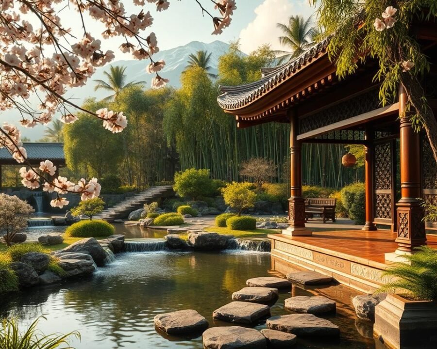 A serene, zen-inspired garden oasis with a tranquil pond, cascading waterfalls, and lush, verdant foliage. In the foreground, an elegantly designed pavilion with intricate wood carvings and intricate tile work. Delicate cherry blossoms sway in the gentle breeze, casting a soft, romantic glow. In the middle ground, a path of stepping stones leads visitors through the beautifully manicured gardens. In the background, towering bamboo groves and a distant, snow-capped mountain range create a breathtaking, harmonious landscape. The scene is bathed in warm, natural lighting, conveying a sense of peaceful serenity and rejuvenation.